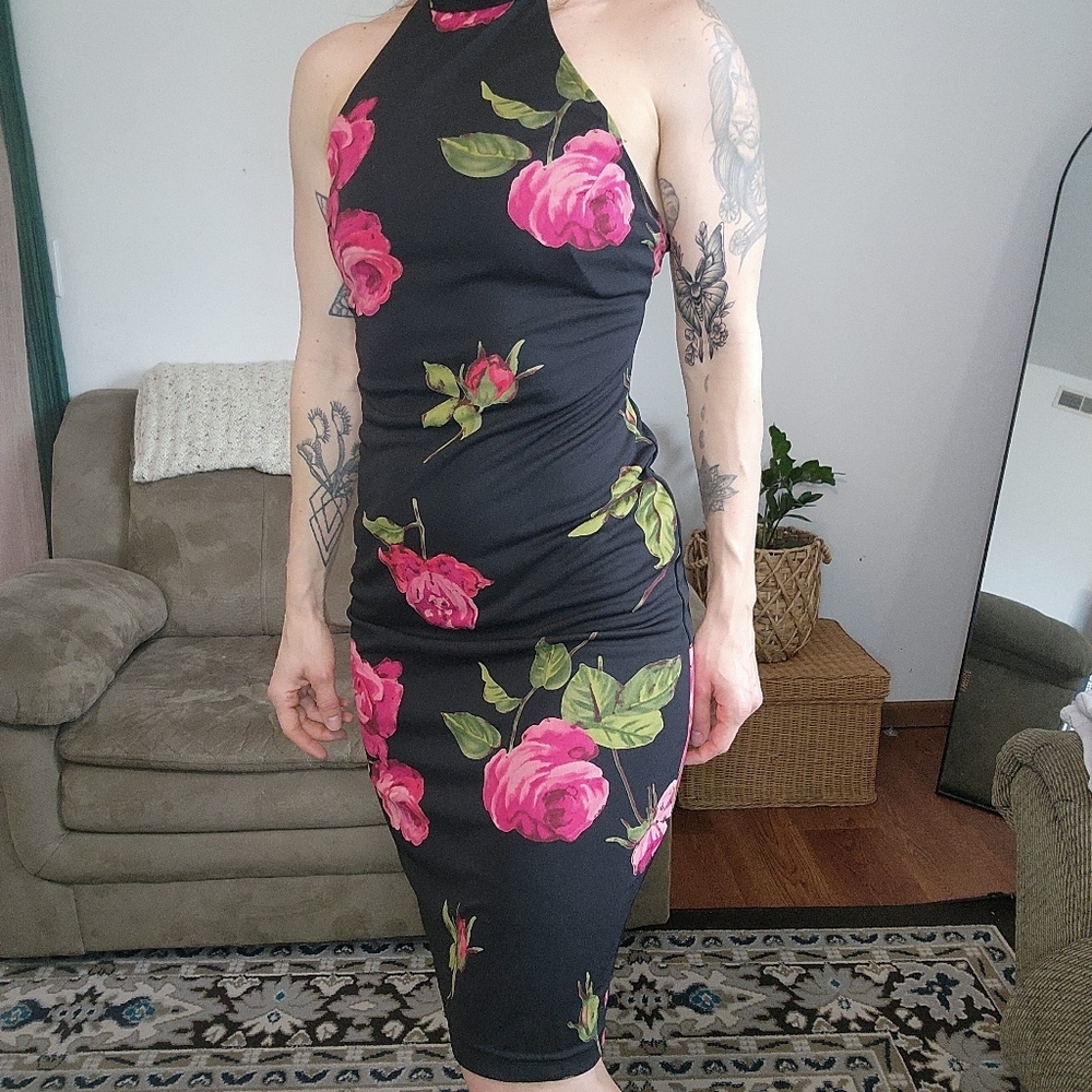 Vintage Black Knee Length Bodycon Dress With Pink Florals Size Medium - Picture 4 of 6